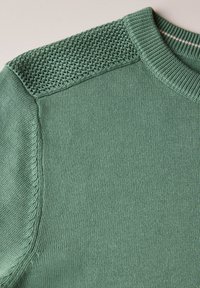 Grüner gestrickter Pullover mit einem strukturierten Schulterdesign, glattem Körper und klassischem Rundhalsausschnitt. Strukturierter Akzent auf der Schulter.