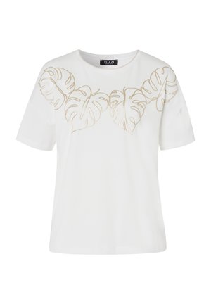 Witte katoenen t-shirt met gouden draadbladeren borduursel over de borst, ronde halslijn en korte mouwen. Eenvoudig en licht ontwerp.