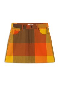Mini sukně s velkým kostkovaným vzorem v žluté, oranžové a hnědé barvě, s předními kapsami a zapínáním na knoflíky v pase.