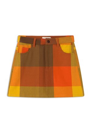 Gonna mini con grande motivo a quadri giallo, arancione e marrone, dotata di tasche frontali e vita con bottoni.