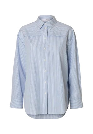 Chemise rayée bleu clair avec un col classique, boutonnée sur le devant, manches longues et un ourlet arrondi. Confectionnée dans un tissu lisse.