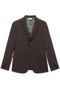 Ciemnobrązowa marynarka w kratę, zapinana na jeden guzik, z dwoma kieszeniami z przodu i gładkim podszewką. Posiada zapięcia na guziki.