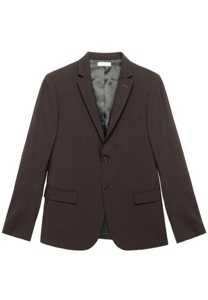 Donkerbruine blazer met een ruitpatroon, enkelwaardige ontwerp, twee voorzakken en een zachte binnenvoering. Voorzien van knoopsluitingen.