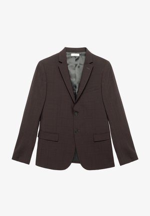 Donkerbruine blazer met een ruitpatroon, enkelwaardige ontwerp, twee voorzakken en een zachte binnenvoering. Voorzien van knoopsluitingen.