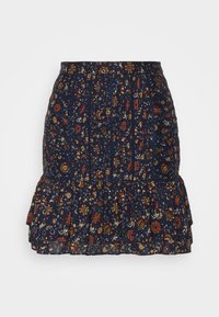 Jupe mini matelassée bleu marine avec motif floral multicolore et ourlet à volants.