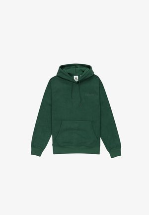 Green pullover hoodie made of soft fabric, featuring a front kangaroo pocket, drawstring hood, and subtle logo embroidery on the chest.