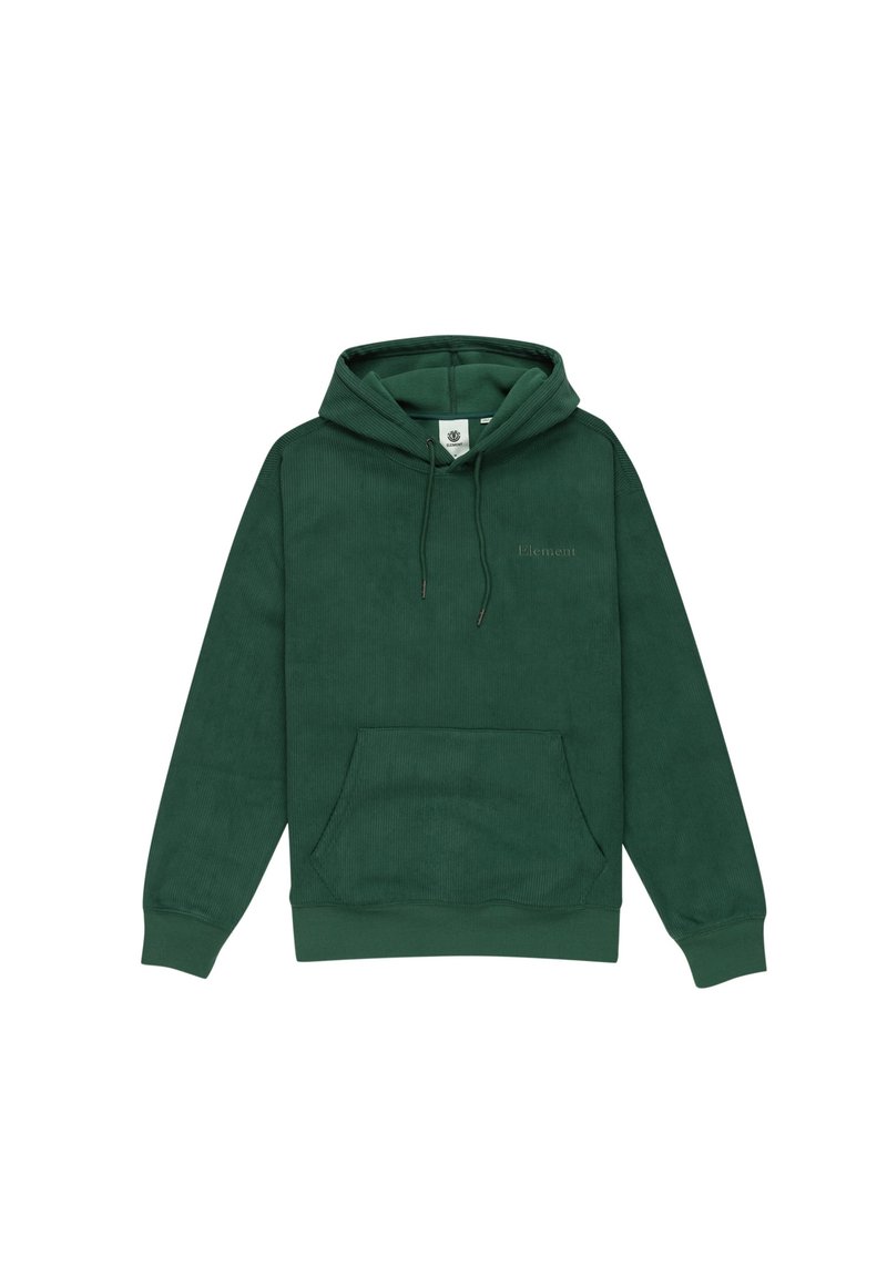 Groene pullover hoodie gemaakt van zachte stof, met een voorste kangoeroezak, een capuchon met trekkoord en subtiele logo borduursel op de borst.