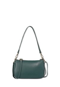 Teal leren schoudertas met een gestructureerde afwerking, gouden hardware, een enkele schouderriem en een ritssluiting.