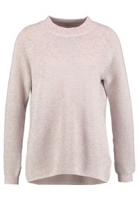 Helles rosa Sweatshirt aus gerippter Strickware. Verfügt über einen Rundhalsausschnitt, lange Ärmel und einen leicht abgerundeten Saum für eine lässige Passform.