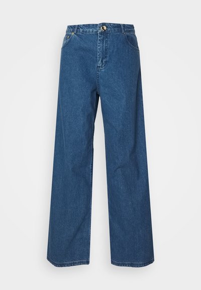 Jean en denim bleu à jambe large, en coton, doté d'un design classique à cinq poches, d'un bouton de fermeture et d'ourlets droits. Détails de couture minimalistes.