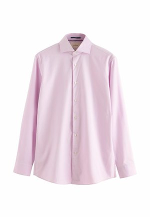 Camicia a maniche lunghe rosa chiaro, realizzata in tessuto di cotone, con colletto classico e orlo dritto, dotata di bottoni bianchi lungo la parte frontale.