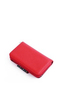 Red zippered wallet with a smooth texture, rectangular shape, and a colorful polka dot accent on the side. Durable material finish.