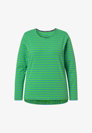 Zielona koszulka z długim rękawem z poziomymi niebieskimi paskami, okrągłym dekoltem i zaokrąglonym dołem. Wykonana z miękkiego, lekkiego materiału.