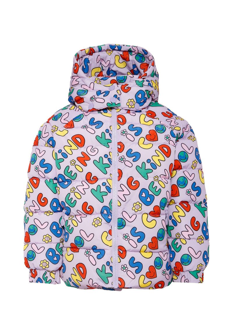 Veste rembourrée en violet clair avec des lettres et des symboles multicolores. Elle possède un col haut, une fermeture éclair et des poignets élastiqués.