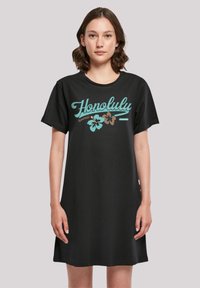 Schwarzes T-Shirt-Kleid mit einem türkisfarbenen "Honolulu"-Grafikdesign und floralen Akzenten in Blau und Braun; lässige, bequeme Passform und kurze Ärmel.