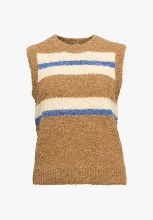 Pull en tricot sans manches brun, avec des rayures horizontales en crème et bleu. Texture douce avec un détail de bas de vêtement côtelé.