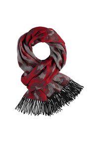 Roter und grauer gemusterter Schal aus weichem Material, der lange schwarze Fransen am unteren Rand hat.