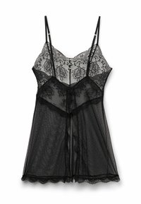 Sort blonde camisole med blomsterdesign, tynde justerbare stropper og en scallop-kant. Har tekstureret stof og dekorative knapper.