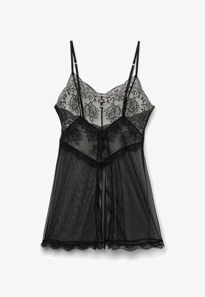 Zwarte kanten camisole met een bloemenpatroon, dunne verstelbare bandjes en een gegolfde zoom. Voorzien van textuurstof en decoratieve knopen.