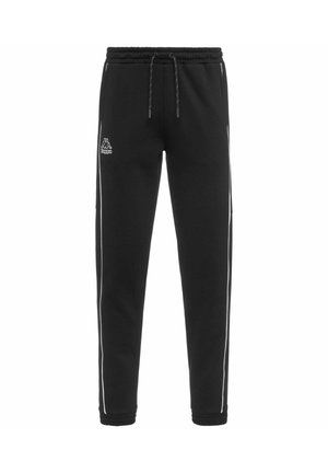 Pantaloni tuta neri con vita regolabile tramite coulisse, strisce laterali bianche e un logo sulla parte superiore sinistra. Realizzati in tessuto morbido con polsini elasticizzati.