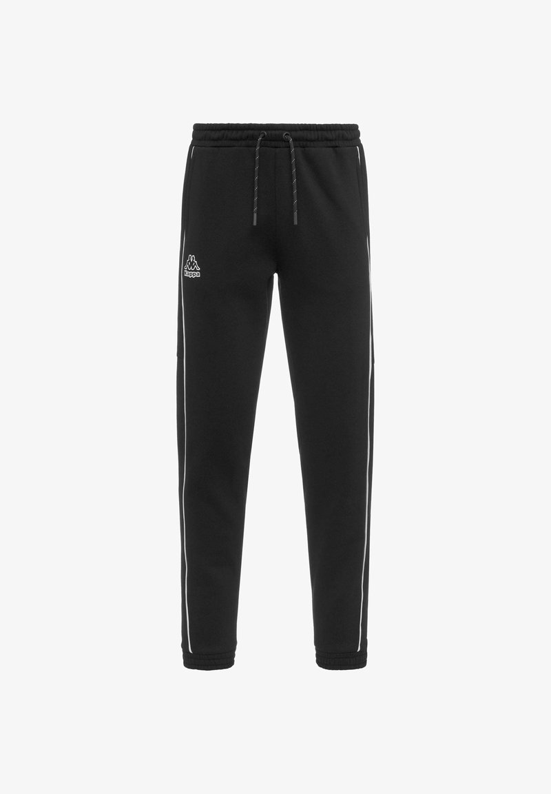 Pantaloni tuta neri con vita regolabile tramite coulisse, strisce laterali bianche e un logo sulla parte superiore sinistra. Realizzati in tessuto morbido con polsini elasticizzati.