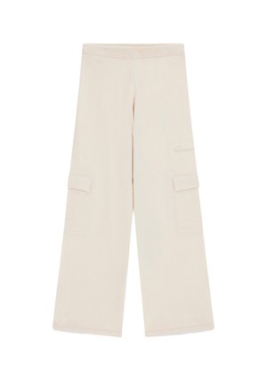 Pantaloni beige a gamba larga con cintura elastica e grandi tasche a pattina su ciascun lato.