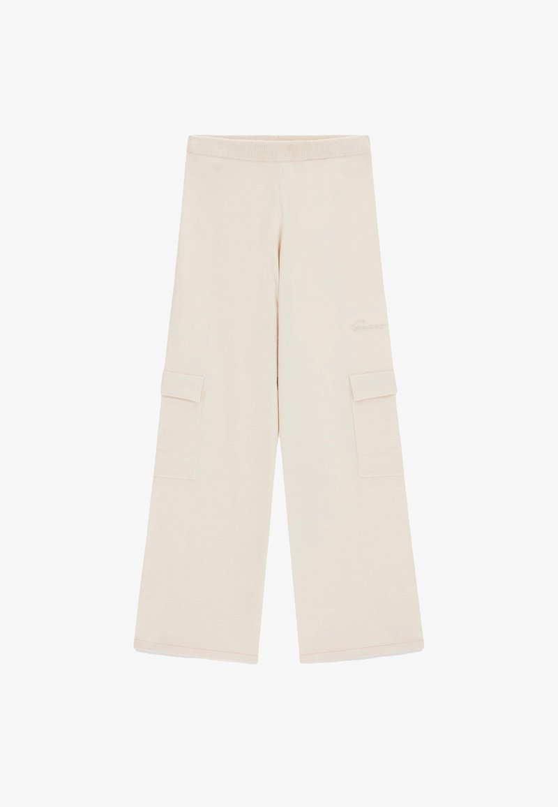 Laiade mouwteksad beezhi värviga püksid elastse vöökoha ja suurte klapiga taskutega mõlemal küljel.