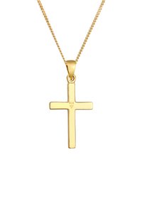 Guld kors hänge på en matchande kedja, med en polerad yta, rektangulär form och slät textur samt en liten stämpeldetalj.