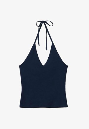 Haut halter bleu marine en tissu doux, avec un décolleté en V profond, de fines bretelles nouées au cou et une silhouette ajustée.