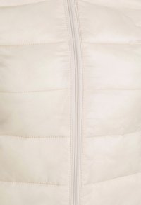 Béžová péřová bunda s prošívaným vzorem, vybavená předním zipem a hladkým, lesklým povrchem. Lehký a izolační design.