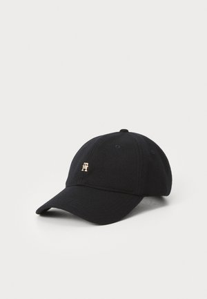 Cappellino da baseball in lana nera con corona arrotondata e visiera curvata, dotato di un piccolo logo dorato sul davanti. Design minimalista senza motivi.