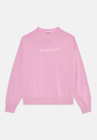Rosa sweatshirt laget av mykt stoff, med rund hals, lange ermer, ribbede mansjetter, og "PINKO" logo i hvitt på fronten.