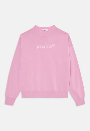 Sweatshirt rose en tissu doux, avec un col rond, des manches longues, des poignets côtelés et le logo "PINKO" en blanc sur le devant.
