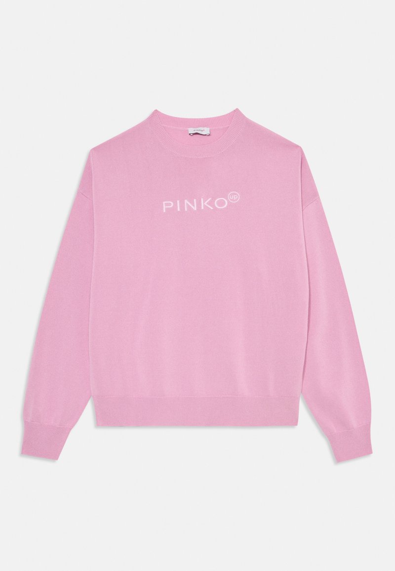 Rosa sweatshirt laget av mykt stoff, med rund hals, lange ermer, ribbede mansjetter, og "PINKO" logo i hvitt på fronten.