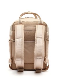 Tan backpack with beige accents, mesh padding, adjustable straps, and a top handle. Features a zip closure and a side pocket.