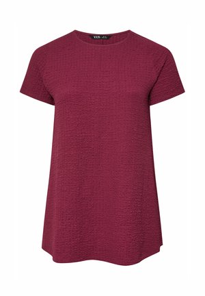 Korte mouwen textuur donkerrode blouse met ronde halslijn en licht uitlopende zoom.