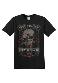 Černé bavlněné tričko s grafickým designem obsahující lebku, hvězdu a text "Five Finger Death Punch" v šedých a červených tónech.
