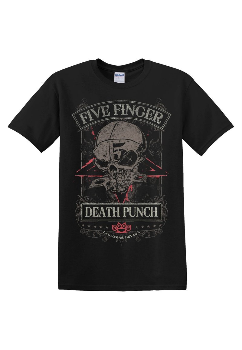 Černé bavlněné tričko s grafickým designem obsahující lebku, hvězdu a text "Five Finger Death Punch" v šedých a červených tónech.