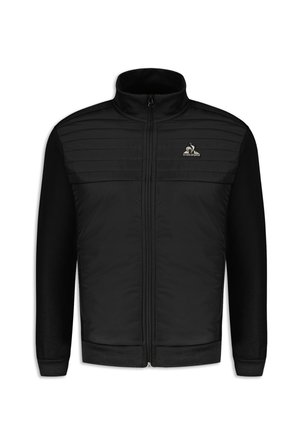 Black zip-up jacket featuring quilted front panels, soft fabric sleeves, high collar, and a small logo on the chest.