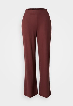 Pantalon large bourgogne avec une taille élastique, fabriqué dans un tissu léger et doux, avec une texture lisse et une coupe décontractée.