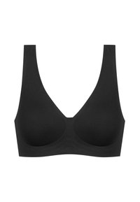 Zwarte naadloze beha met een V-hals, brede banden en een zachte textuur. Zonder beugel, glad oppervlak, ideaal voor comfort en ondersteuning.