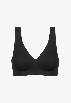 Zwarte bh met een naadloos ontwerp, brede bandjes en een diepe V-hals. Gemaakt van een gladde stof met een zachte textuur, zonder zichtbare hardware.
