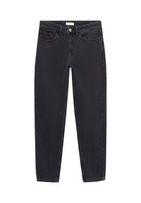 Vaqueros de denim negro con un diseño de pierna recta, estilo de cinco bolsillos y sutiles detalles de costura. Presenta un cierre de botón y trabillas para el cinturón.