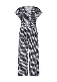 Marinblå och vit mönstrad jumpsuit med V-ringning, korta ärmar, knytmidja och vida ben, med vågiga linjer över hela designen.