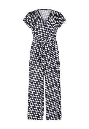 Granatowy i biały kombinezon w wzór, z dekoltem w kształcie litery V, krótkimi rękawami, wiązanym w pasie oraz szerokimi nogawkami, na całej długości z falistymi liniami.