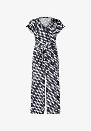 Granatowy i biały kombinezon w wzór, z dekoltem w kształcie litery V, krótkimi rękawami, wiązanym w pasie oraz szerokimi nogawkami, na całej długości z falistymi liniami.