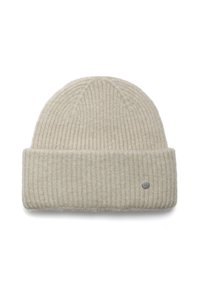 Šviesiai rudos vilnos kepurė su banguota tekstūra, sulenkta briauna ir maža sidabrinė etiketė šone. Minkšta, šilta medžiaga šaltam orui.