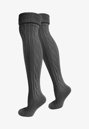 Kniestrümpfe in Dunkelgrau mit einem strukturierten Kabelmuster und ribbeltem Bund. Hergestellt aus einem weichen, gestrickten Material.