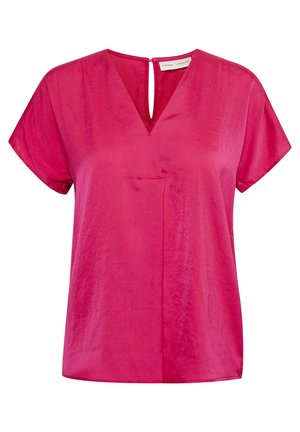 Jasnoróżowa bluzka z krótkim rękawem, z dekoltem w kształcie litery V i subtelnym przednim zakładanym detalem, wykonana z gładkiego, lekko błyszczącego materiału.