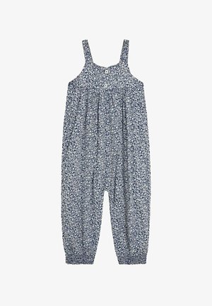 Blumenmuster-Overall in Marineblau und Weiß, mit verstellbaren Trägern, einer Knopfleiste und elastischen Bündchen. Hergestellt aus leichtem Material.